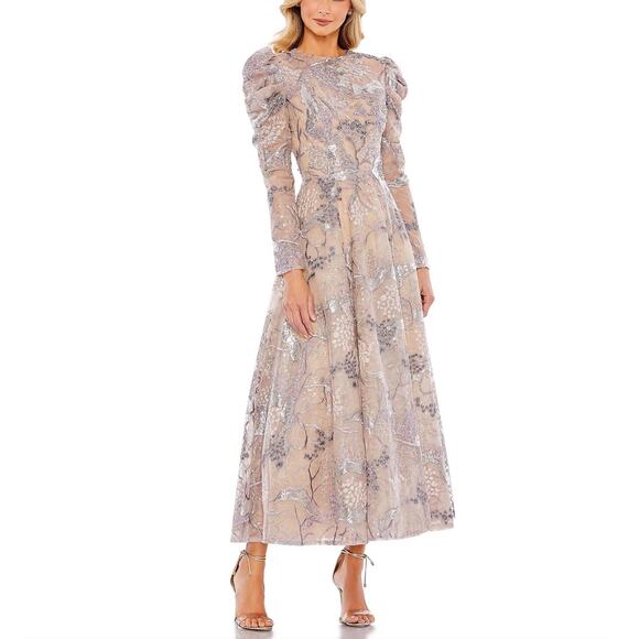 Mac Duggal Dresses & Skirts - Mac Duggal 20326 Taupe Evening Gown Beaded Lace Long Sleeve Formal Dress Size 8